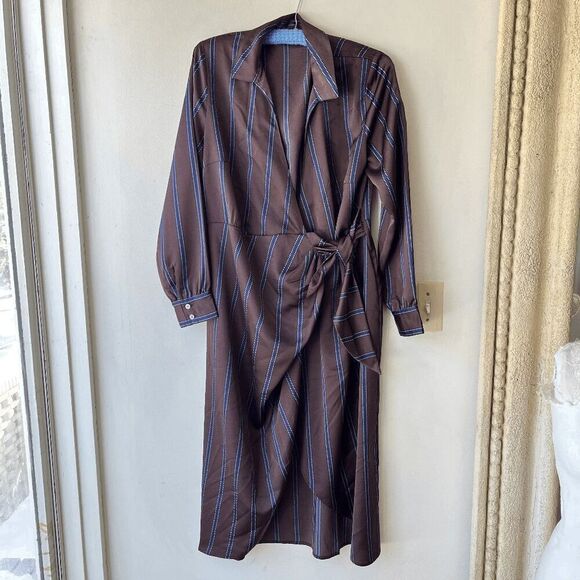 LOFT Brown Satin Striped Wrap Midi Dress w/ Waist Tie, Collared, Size M - Picture 1 of 12